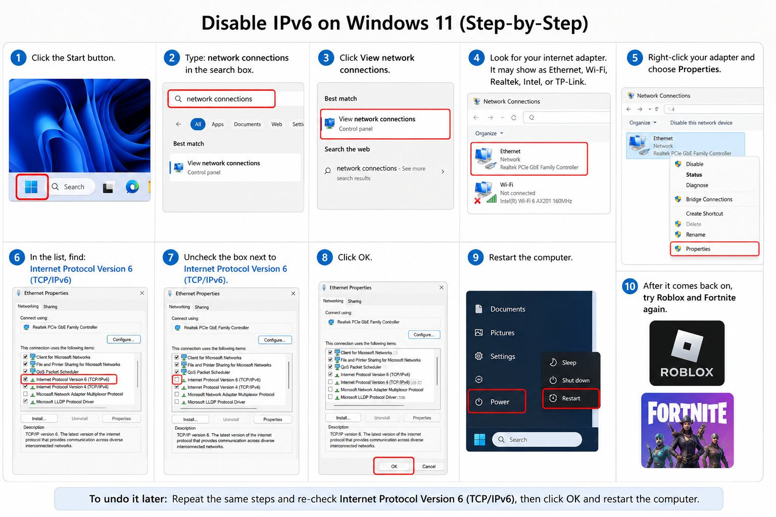Shareable graphic showing all ten Windows 11 IPv6 disable steps in one image.
