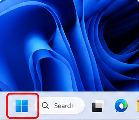 Windows 11 taskbar with the Start button highlighted for step one.