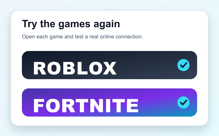 Windows 11 gaming test screen showing complete Roblox and Fortnite cards after the IPv6 change.