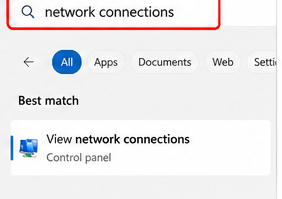 Windows 11 Start search with network connections typed into the search field.