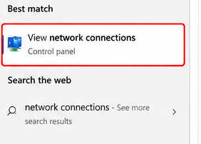 Windows 11 search result for View network connections highlighted.