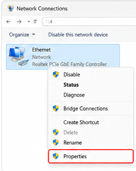 Windows Network Connections window showing the adapter context menu with Properties highlighted.