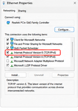 Windows 11 IPv6 adapter settings used to troubleshoot AT&T Fiber game connection issues.