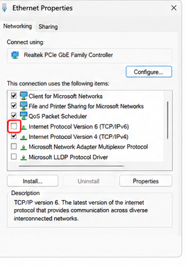 Ethernet Properties window showing Internet Protocol Version 6 TCP IPv6 unchecked.