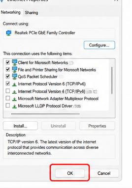 Ethernet Properties window with the OK button highlighted after IPv6 has been unchecked.