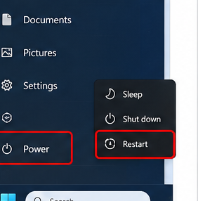 Windows 11 power menu with Restart highlighted.
